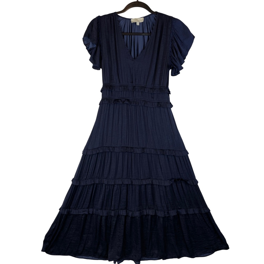 Pinch Navy Blue Plisse Tiered Maxi Dress Flutter Sleeve V-Neck Ruffle 3887D M